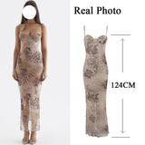 Hulianfu Floral Print Maxi Prom Dress Sexy Mesh Celebrity Evening Party Dresses Bodycon Spaghetti Strap Summer Women Dresses