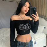 Hulianfu Off Shoulder Sexy Gothic Crop Top T-Shirts Women Clothes crop Rhinestone Skeleton Grunge Clothing Tee Y2K Shirt Core Tops vegan