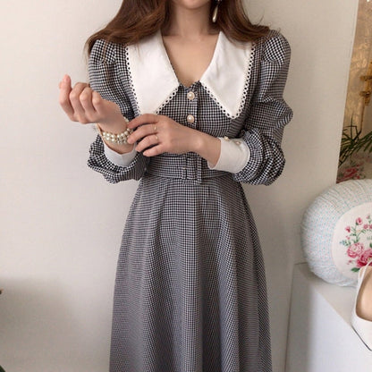 Hulianfu Vintage Lace Plaid Chic Puff Sleeve Woman Dresses Women Korean Temperament Office Lady Lapel Robe Slim Waist Long Sleeve Dress