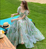 Hulianfu Vintage Floral Evening Midi Maxi Dresses for Women Elegant Casual Party Prom Green Holiday Princess Fairy Long Dress Summer