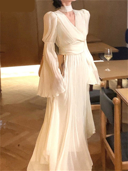 Hulianfu V Neck Flare Sleeve White Dress Fashion French Style Long Sleeve Dress for Women Elegant Chic Midi Vintage Dress
