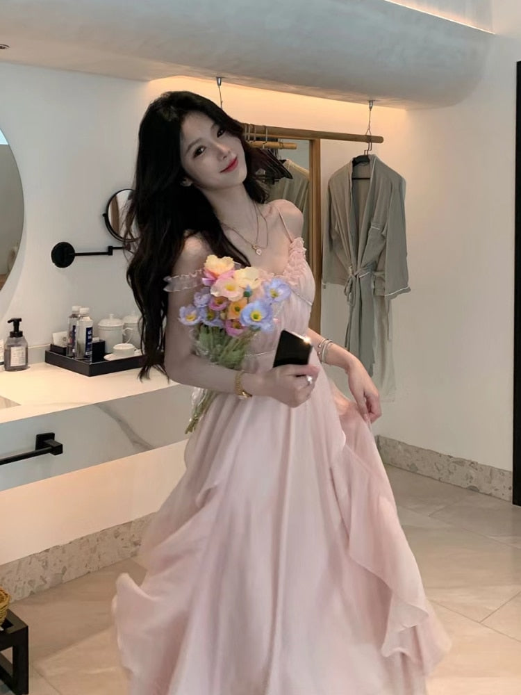 Hulianfu Harajuku French Korean Sweet V-Neck Camisole Sleeveless Sexy Strap Midi Maxi Dresses for Women Elegant Fairy Party Summer Pink