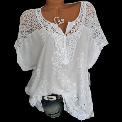 Hulianfu Summer Short Sleeve Womens Blouses And Tops Loose White Lace Patchwork Shirt 5xl 6xl Women Tops shirts Casual Clothes