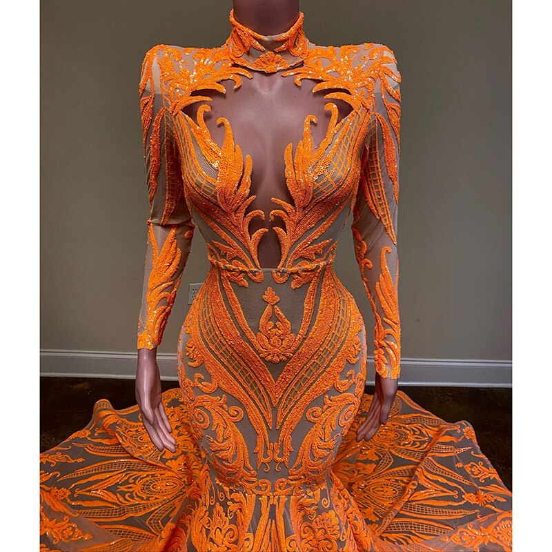 Hulianfu Orange Mermaid Evening Gowns  Party Dress For Womens Blingbling Applique Long Sleeves Occasion Gown Robe De Soir¨¦e