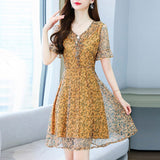 hulianfu Women Chiffon Summer Print Floral Dress Casual  New V-Neck Short Sleeve Elegant Party Dresses Ladies Clothing Vestidos robe