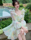 Hulianfu France Sweet Tie-dyed Fairy Dress Women Elegant Chic Ruffles V-Neck Long Sleeve Princess Dresses Female Casual Beach Vestidos