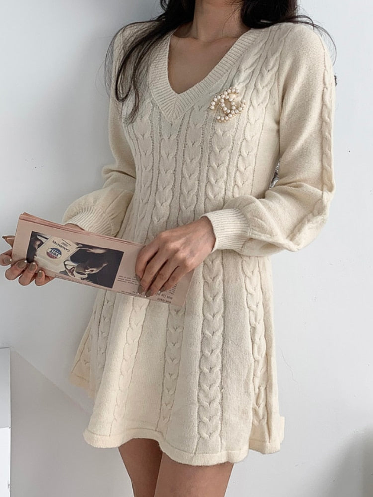 Hulianfu Vintage V-neck Lantern Sleeve Knit Elegant Vestidos De Mujer Fashion Korean Sweater Bodycon Y2K Mini Dress Women Clothing Autumn