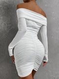 Hulianfu Sexy Tight Long Sleeve Short Club Dress White Evening Bodycon Dresses For Women Off Shoulder Party Mini Dress