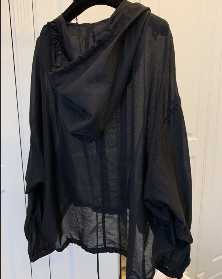 Hulianfu Jackets Women Hooded Summer Sun-proof Zipper Coats Thin Loose See Through Outerwear Breathable Outwear Lightweight Clothes Black