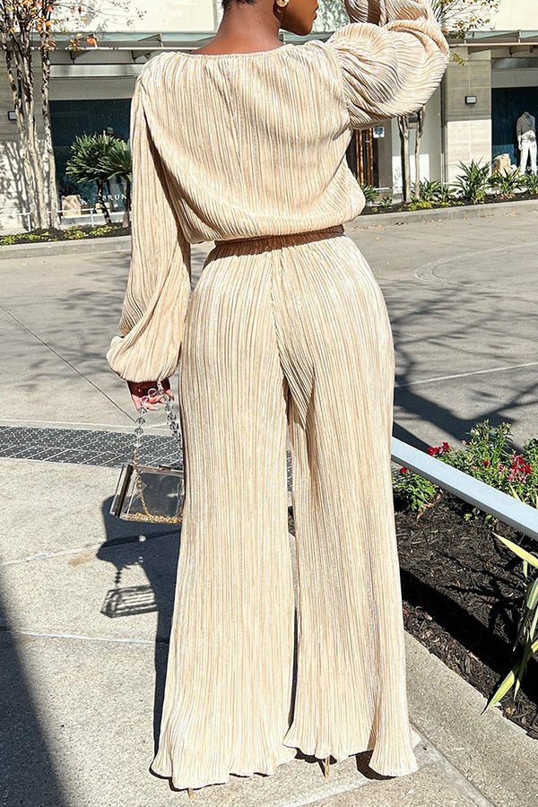 Two Piece Pleated Outfits for Women Casual Crewneck Long Sleeve Loose Fit Top and Wide Leg Palazzo Pant Suit Tracksuit