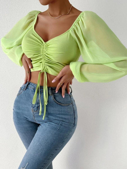 Hulianfu Fashion Sexy Low-cut Long Sleeve Crop Tops Women 2023 Summer Autumn Slim Solid Top Femme And Blouses Chiffon Shirt