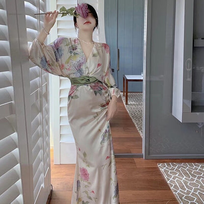 Hulianfu Printing Midi Bodycon Dress Elegant Japan Style V-Neck Long Half Batwing Sleeve Sashes Floral Maxi Dresses for Women Summer 2023
