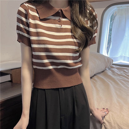 Hulianfu Summer Vintage Striped Polo Collar T Shirts Women's Knitted Short Sleeve Thin Cropped Tshirt Crop Top For Slim Girls