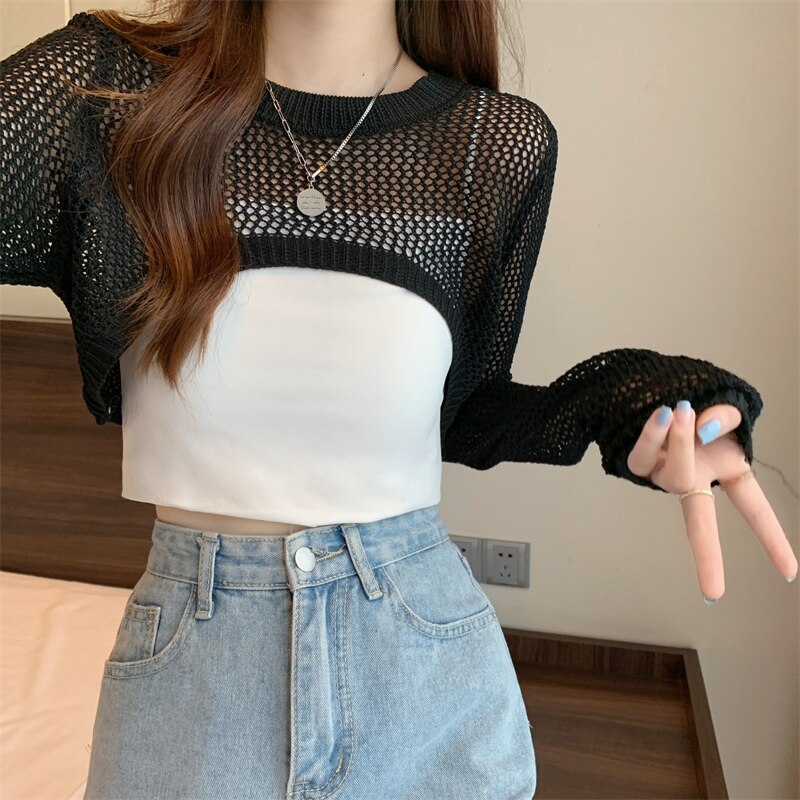 Hulianfu New Women Solid Sweater O-Neck Cropped Sweater Pullover Crop Top Female Short Sleeve Hollow Out Super Cropped Sweaters Shirts