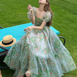 Hulianfu Vintage Floral Evening Midi Maxi Dresses for Women Elegant Casual Party Prom Green Holiday Princess Fairy Long Dress Summer