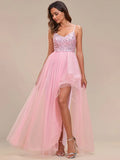 Elegant Evening Dresses Spaghetti Straps Asymmetric Sequin Tulle Floor-Length  Ever Pretty of Pink Bridesmaid dresses