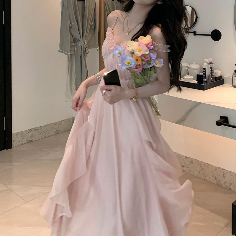 Elegant Strap Sleeveless High Waist Dresses For Women  Summer Pink Sweet Fairy Dress Women Korean Fashion Party Dress