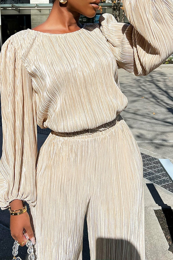 Two Piece Pleated Outfits for Women Casual Crewneck Long Sleeve Loose Fit Top and Wide Leg Palazzo Pant Suit Tracksuit