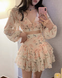 hulianfu  New Summer Sweet Girl Print Two Piece Set Women V-neck Backless Sexy Crop Top + Cake Skirts Sets Vacation Beach 2 Piece Suits