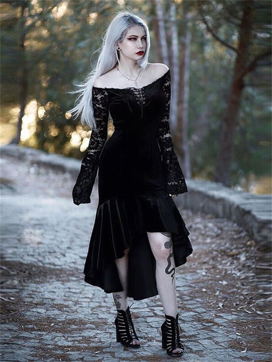 Gothic Dark Mesh Midi Dress Women Victorian Costume Velvet Robe Renaissance Witch Medieval Dresses Cosplay Wizard Halloween Y2k