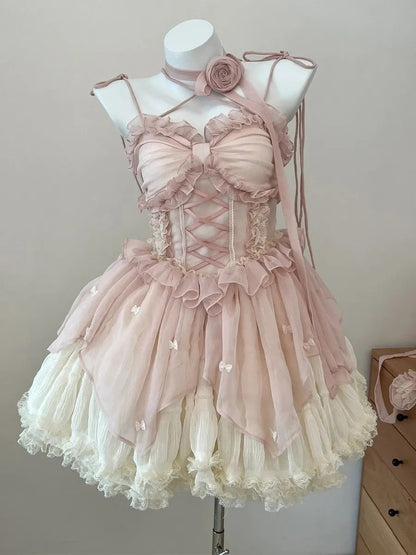 hulianfu Summer Women Sweet Pink Lolita Dress Female Ruffle High Waist prom Mini Dress Japanese Summer Girl Kawaii Party Dresses