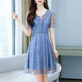 hulianfu Women Chiffon Summer Print Floral Dress Casual  New V-Neck Short Sleeve Elegant Party Dresses Ladies Clothing Vestidos robe