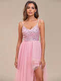 Elegant Evening Dresses Spaghetti Straps Asymmetric Sequin Tulle Floor-Length  Ever Pretty of Pink Bridesmaid dresses