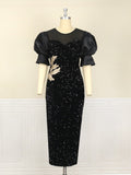 Sequin Black Dresses Velvet Embroidery Chest Wrapped Puff Sleeve Sparkly Dress Classy Ladies Spring Party Celebrity Birthday 4XL