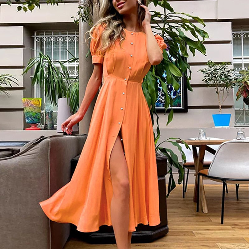 Hulianfu Women's Summer Long Dress Slit 2023 Orange Elegant Short Sleeve Maxi Dresses Office Ladies Buttons Holiday Shirt Dress For Women
