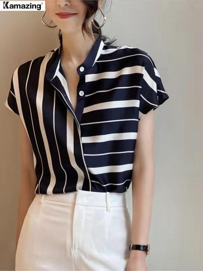 hulianfu Summer Women Casual Striped Shirt Office Lady Short Sleeve Fashion Chiffon Shirt Top Female Blouse