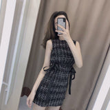 Hulianfu Vintage Summer Women Tweed Bandage Dresses for Women Party Sleeveless Bow O-Neck Plaid Elegant Casual Empire Bodycon Short Dress