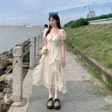 Hulianfu Vinatge Sweet French Midi Dresses Women Casual Short Sleeve Beading Chiffon Dress Elegant Female Party One Piece Dress Korean