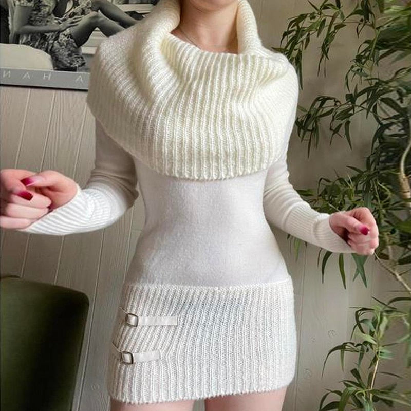 Hulianfu White Knitting Dress Y2k Autumn Winter Women Turtleneck Long Sleeve Sweaters Dresses Chic Fairycore Vintage Clothes