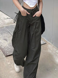 Grey Cargo Pants Korean Fashion Lace Up Pocket Low Rise Casual Pants Women Streetwear Sweatpants y2k Aesthetic Trousers