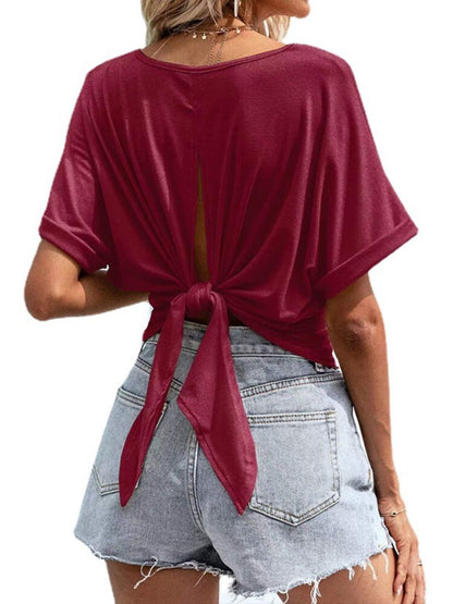 Summer New Women's T-shirt Solid Color Round Neck Bow Loose Casual Sports Outing All-match Short-sleeved T-shirt  Woman Tshirts