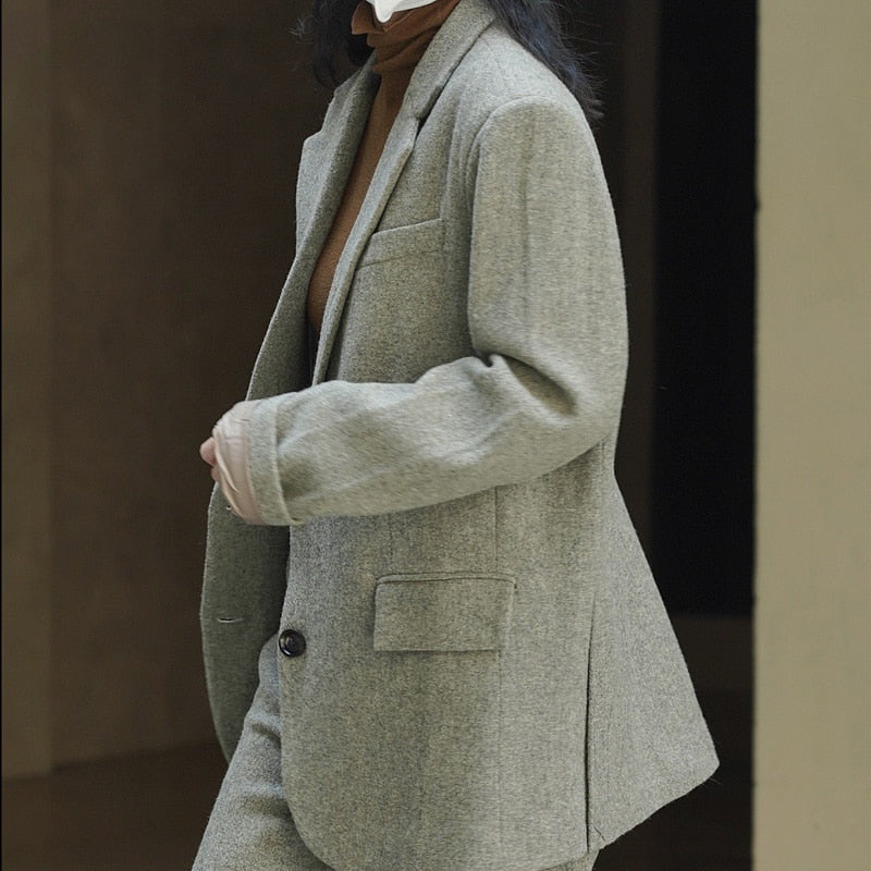 Hulianfu Fall Winter Women's Casual Coat Solid Color Single Breasted Pocket Decorative Loose Wool Blazer Jacket
