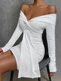 Hulianfu Sexy Tight Long Sleeve Short Club Dress White Evening Bodycon Dresses For Women Off Shoulder Party Mini Dress