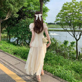 Hulianfu Vinatge Sweet French Midi Dresses Women Casual Short Sleeve Beading Chiffon Dress Elegant Female Party One Piece Dress Korean