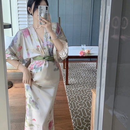Hulianfu Printing Midi Bodycon Dress Elegant Japan Style V-Neck Long Half Batwing Sleeve Sashes Floral Maxi Dresses for Women Summer 2023