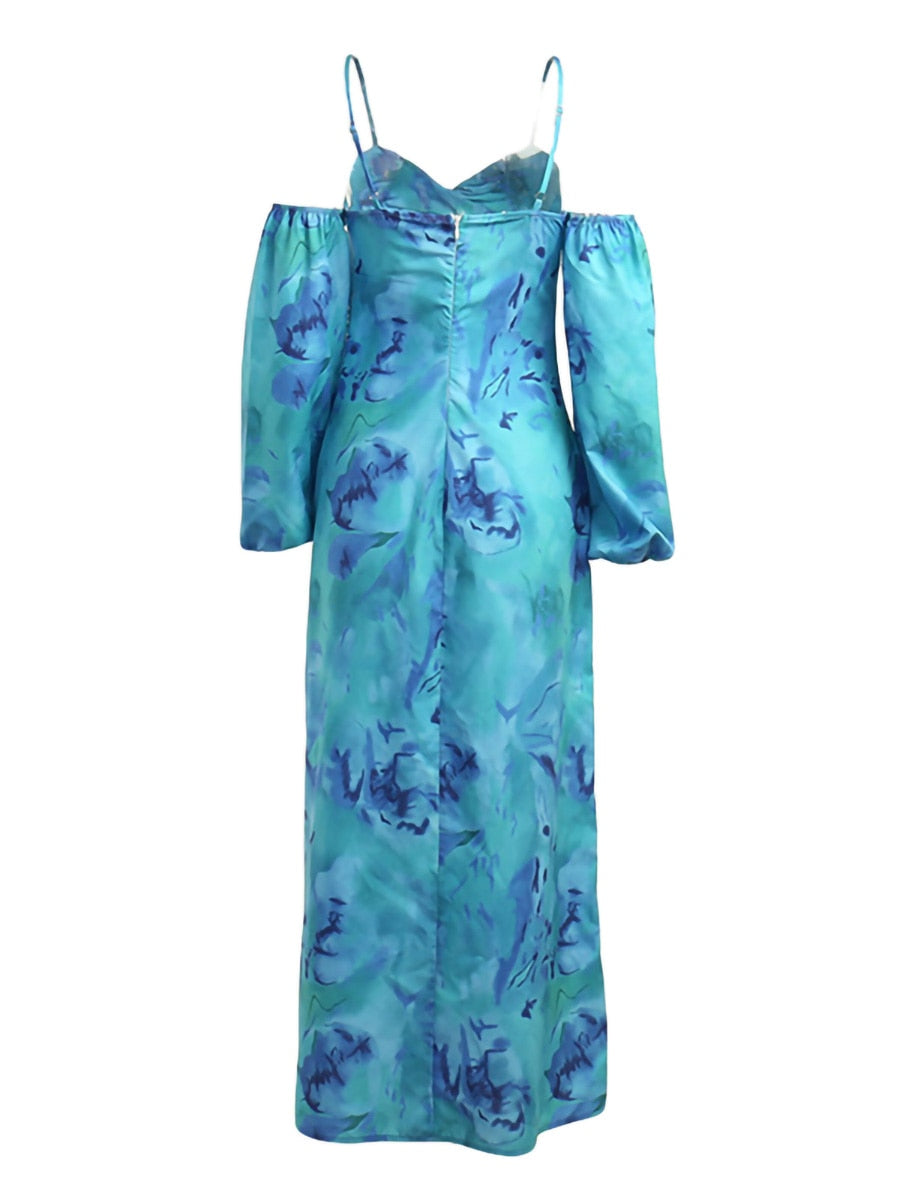 Hulianfu Women s Cold Shoulder Midi Dress Spaghetti Strap Long Sleeve Floral Print Beach Dress Y2k Low-cut Hollowed Out Long Slim Dress