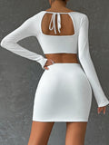 Hulianfu 2 PCS Sexy White Mini Dress Set Long Sleeve Top Summer Skirts Suits Bodycon Women Party Short Split Dress Suit