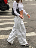 Casual Baggy Wide Leg Sweatpants White Loose Drawstring Low Waist Streetwear Cargo Pants Womens Hippie Joggers Trousers