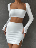 Hulianfu 2 PCS Sexy White Mini Dress Set Long Sleeve Top Summer Skirts Suits Bodycon Women Party Short Split Dress Suit