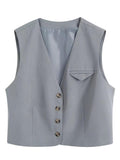 Hulianfu Suits Spring OL Style Sets Women Casual 2 Piece Sleeveless Blazer Cropped V Neck Vest + Loose Long Pants Grey