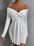 Hulianfu Sexy Tight Long Sleeve Short Club Dress White Evening Bodycon Dresses For Women Off Shoulder Party Mini Dress