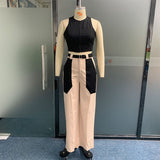 Women Two Piece Set Fashion Office Round Neck Sleeveless Backless Color Block Top Loose With Pockets Pants Set Streetwear