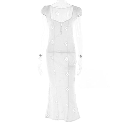 hulianfu hulianfu Sexy Hollow Out Midi Dress for Women Summer Elegant Chic V-Neck Slim Party Dress White Short Sleeve Casual Dress