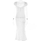hulianfu hulianfu Sexy Hollow Out Midi Dress for Women Summer Elegant Chic V-Neck Slim Party Dress White Short Sleeve Casual Dress