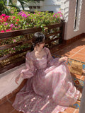 Hulianfu Vintage Long Sleeve One Piece Chiffon Dress for Women Fairy Elegnat French Floral Party Midi Dresses Evening Korean Summer