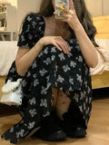 Hulianfu Vintage Black Square Collar Bandage Puff Sleeve Print Chiffon Midi Maxi Dresses for Women Party Dress Korea Clothing Summer